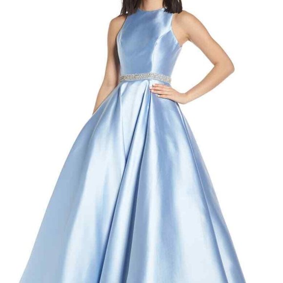 MAC DUGGAL 55237H JEWELED WAIST SATIN TWULL POWDER BLUE EVENING GOWN sz 6 - Picture 2 of 11
